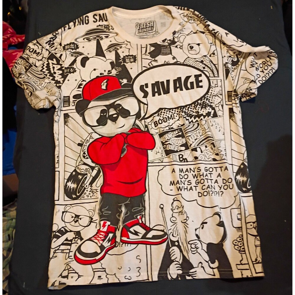 Fresh Laundry Men's L White/Black/Red Panda Comic Graphic Crew Neck T-Shirt